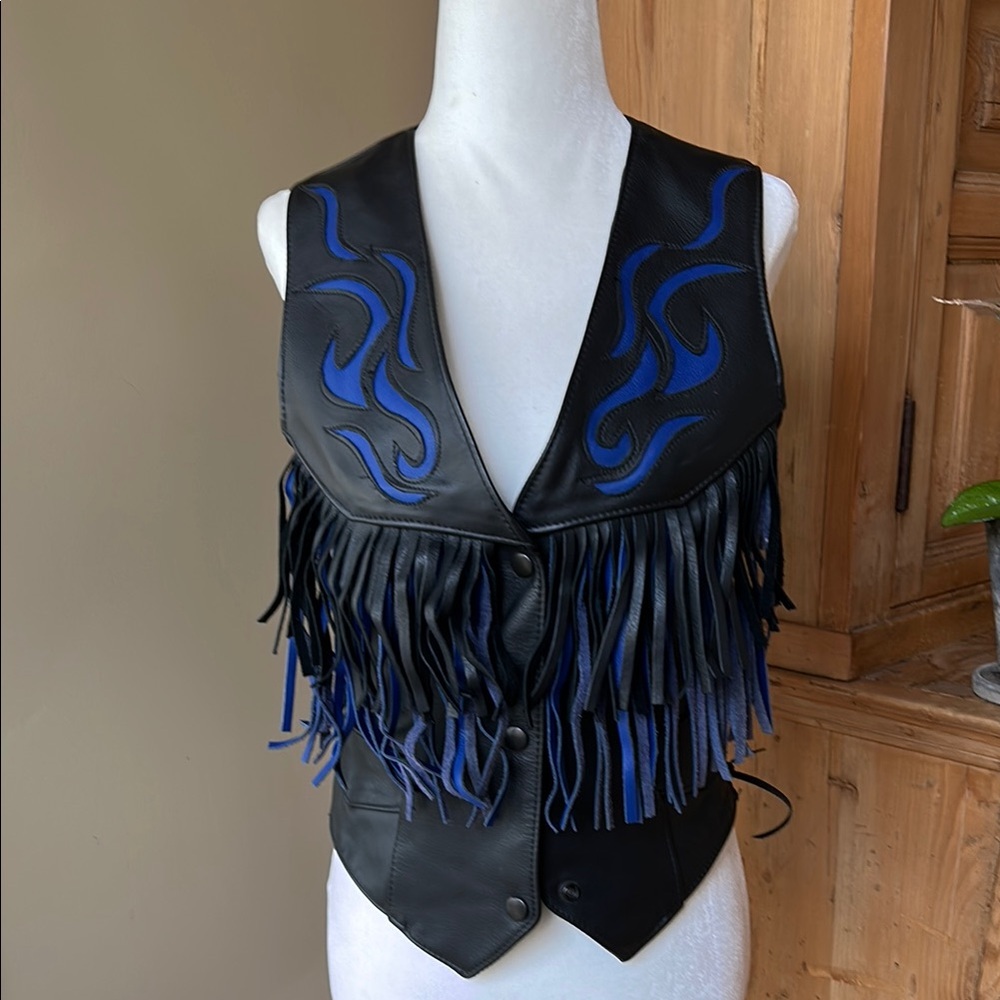 Black Leather Vest with Blue Fringe